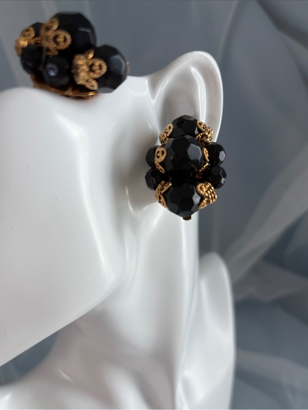 Joan Rivers Black and Gold Faceted Cluster Clip-On Earrings